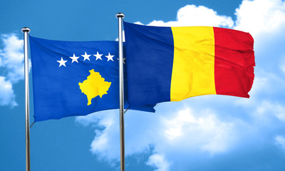 Kosovo flag with Romania flag, 3D rendering