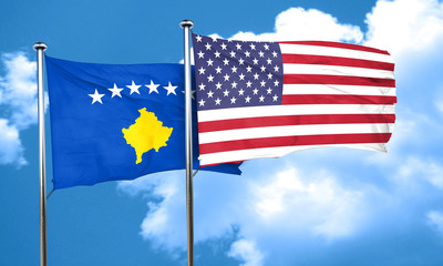 Kosovo flag with American flag, 3D rendering