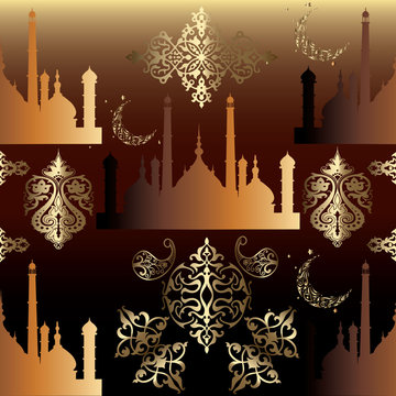Seamless pattern with blue muslim Mosque and blue  islamic ornament on the silver background, Can be scaled to any size.
