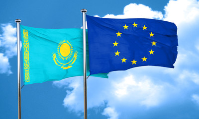 Kazakhstan flag with european union flag, 3D rendering