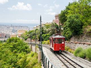 The wagon of an old rack railway connecting the city center of Genoa with the hill district Granarolo - obrazy, fototapety, plakaty