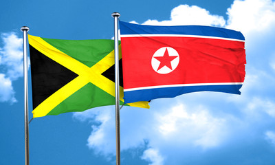 Jamaica flag with North Korea flag, 3D rendering