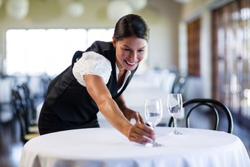 Smiling waitress setting the table