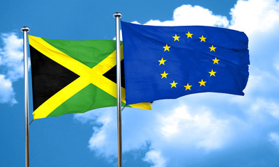 Jamaica flag with european union flag, 3D rendering