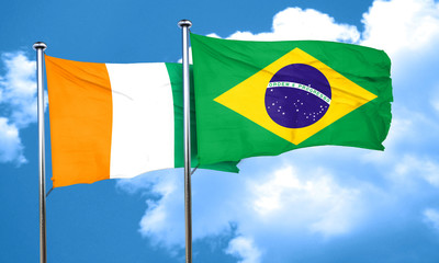 Ivory coast flag with Brazil flag, 3D rendering