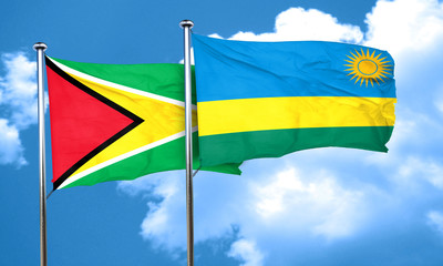 Guyana flag with rwanda flag, 3D rendering