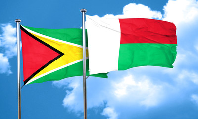 Guyana flag with Madagascar flag, 3D rendering