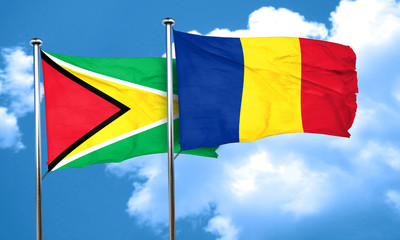 Guyana flag with Romania flag, 3D rendering