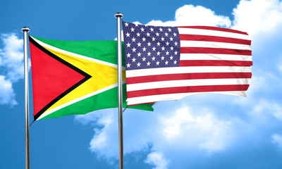 Guyana flag with American flag, 3D rendering