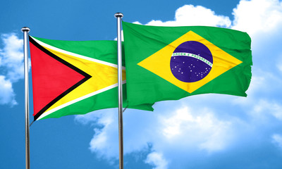 Guyana flag with Brazil flag, 3D rendering