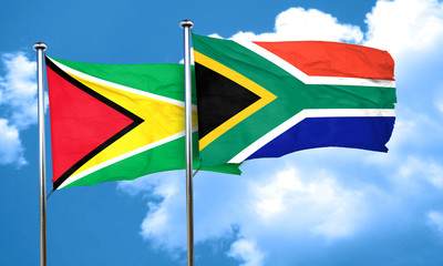 Guyana flag with South Africa flag, 3D rendering