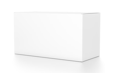 White wide horizontal rectangle blank box from side angle.