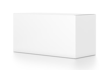 White wide horizontal rectangle blank box from side angle.