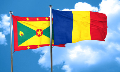 Grenada flag with Romania flag, 3D rendering