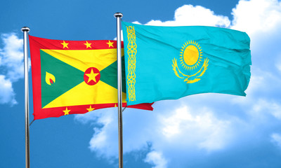Grenada flag with Kazakhstan flag, 3D rendering