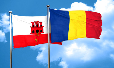 gibraltar flag with Romania flag, 3D rendering