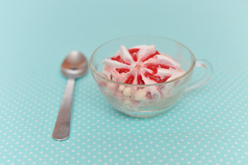 Top view of strawberry icecream on table background, close up flat lay