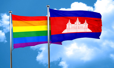 Gay pride flag with Cambodia flag, 3D rendering