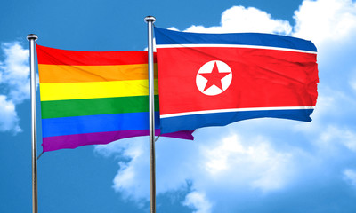 Gay pride flag with North Korea flag, 3D rendering