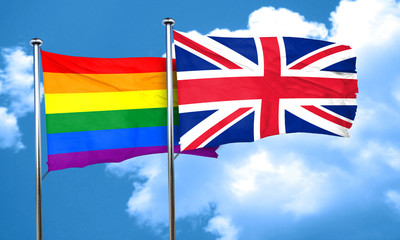 Gay pride flag with Great Britain flag, 3D rendering