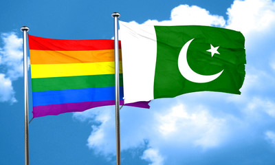 Gay pride flag with Pakistan flag, 3D rendering