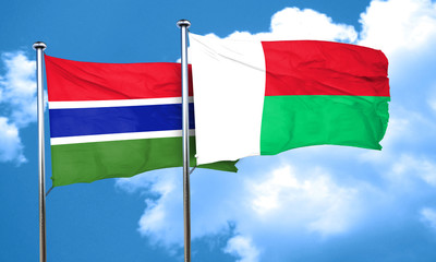 Gambia flag with Madagascar flag, 3D rendering