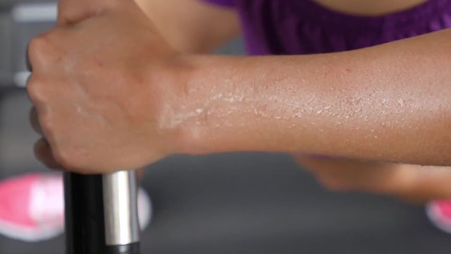 Female Hand in Sweat Training on Trendmill in Gym. Close Up