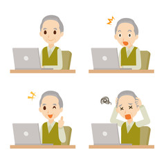 男性　おじいさん　おじさん　パソコン　ポーズ　セット