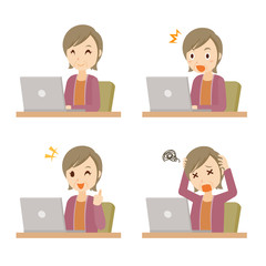 女性　おばあさん　おばさん　パソコン　ポーズ　セット