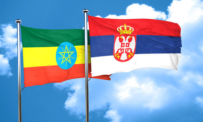 Ethiopia flag with Serbia flag, 3D rendering