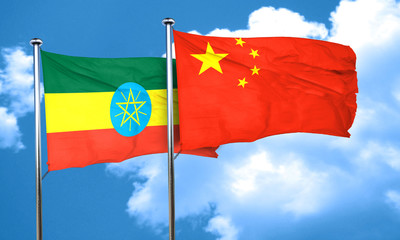 Ethiopia flag with China flag, 3D rendering