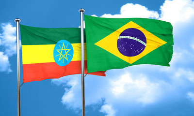 Ethiopia flag with Brazil flag, 3D rendering