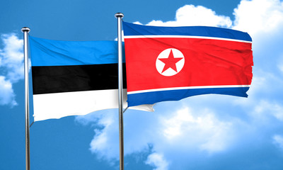 estonia flag with North Korea flag, 3D rendering
