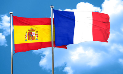 Spanish flag with France flag, 3D rendering