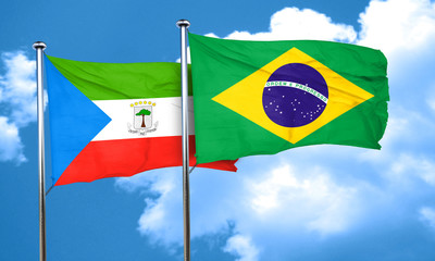 Equatorial guinea flag with Brazil flag, 3D rendering