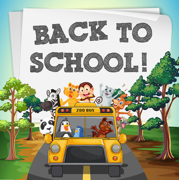Back to school theme with animals on bus