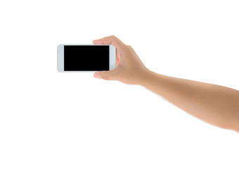 Hand holding mobile smart phone with blank screen. Isolated