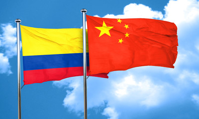 Colombia flag with China flag, 3D rendering