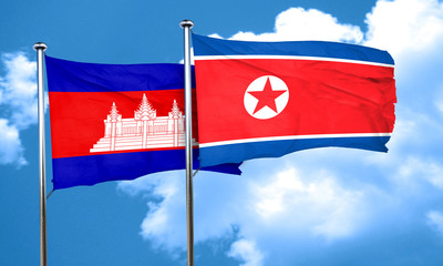 Cambodia flag with North Korea flag, 3D rendering