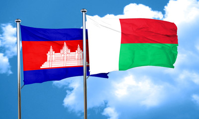 Cambodia flag with Madagascar flag, 3D rendering