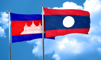 Cambodia flag with Laos flag, 3D rendering