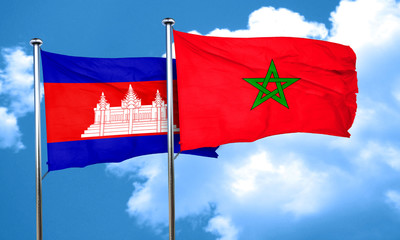 Cambodia flag with Morocco flag, 3D rendering