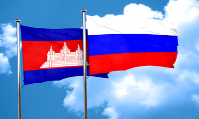 Cambodia flag with Russia flag, 3D rendering