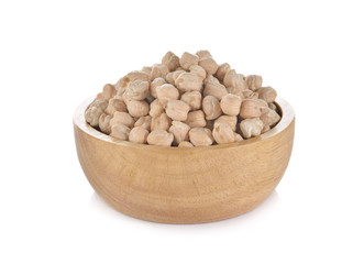 garbanzo beans in wooden bowl on white background