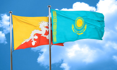 Bhutan flag with Kazakhstan flag, 3D rendering
