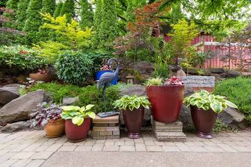 Garden Backyard Landscaping with Plants and Stone Pavers