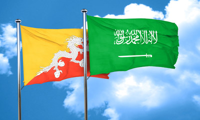 Bhutan flag with Saudi Arabia flag, 3D rendering