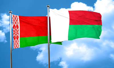 Belarus flag with Madagascar flag, 3D rendering