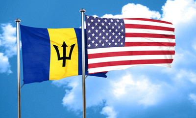 Barbados flag with American flag, 3D rendering