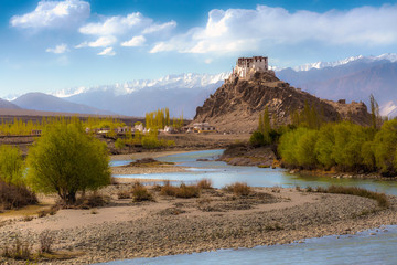 Stakna monastery  with view of Himalayan mountains in Leh-Ladakh - obrazy, fototapety, plakaty